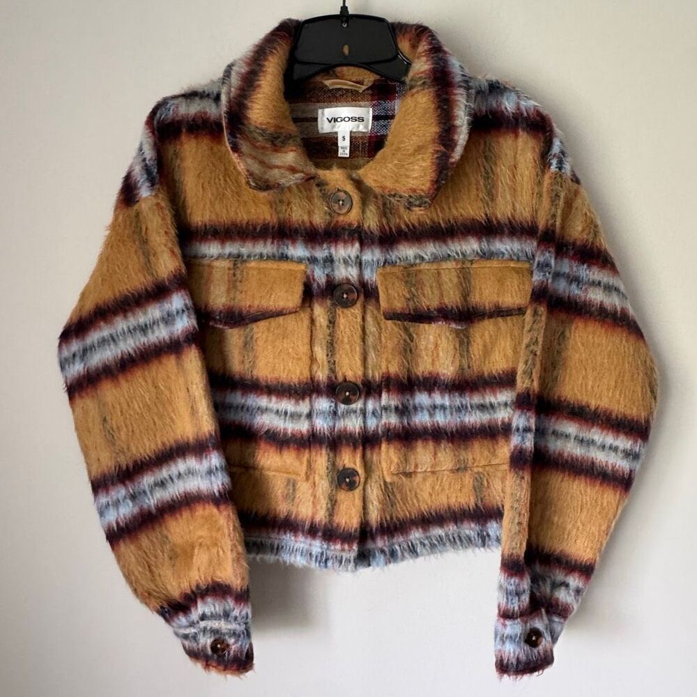 Vigoss Plaid Cropped Jacket Heavyweight Shacket Fuzzy Shag Tan Brown Small